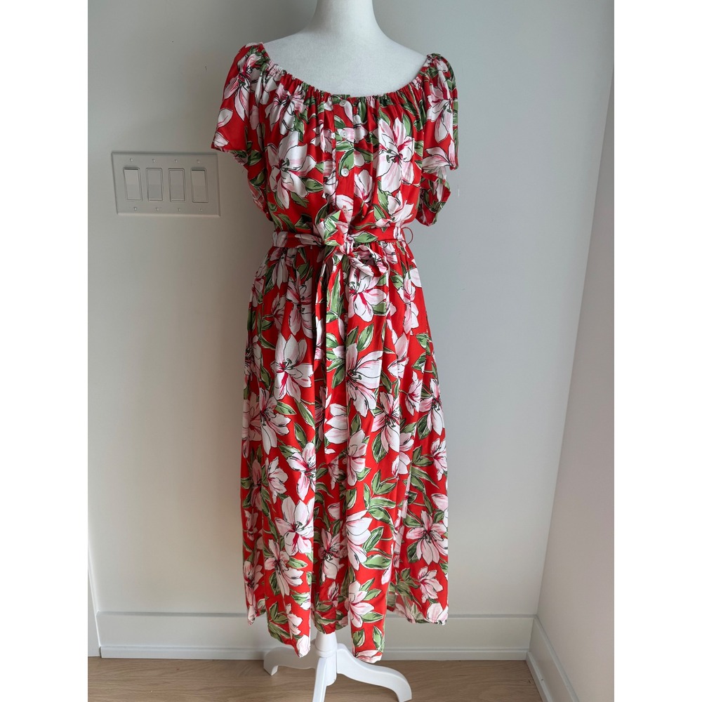 Margaux Riviera Red Floral Midi Dress Large Tropical Off Shoulder Belted NEW